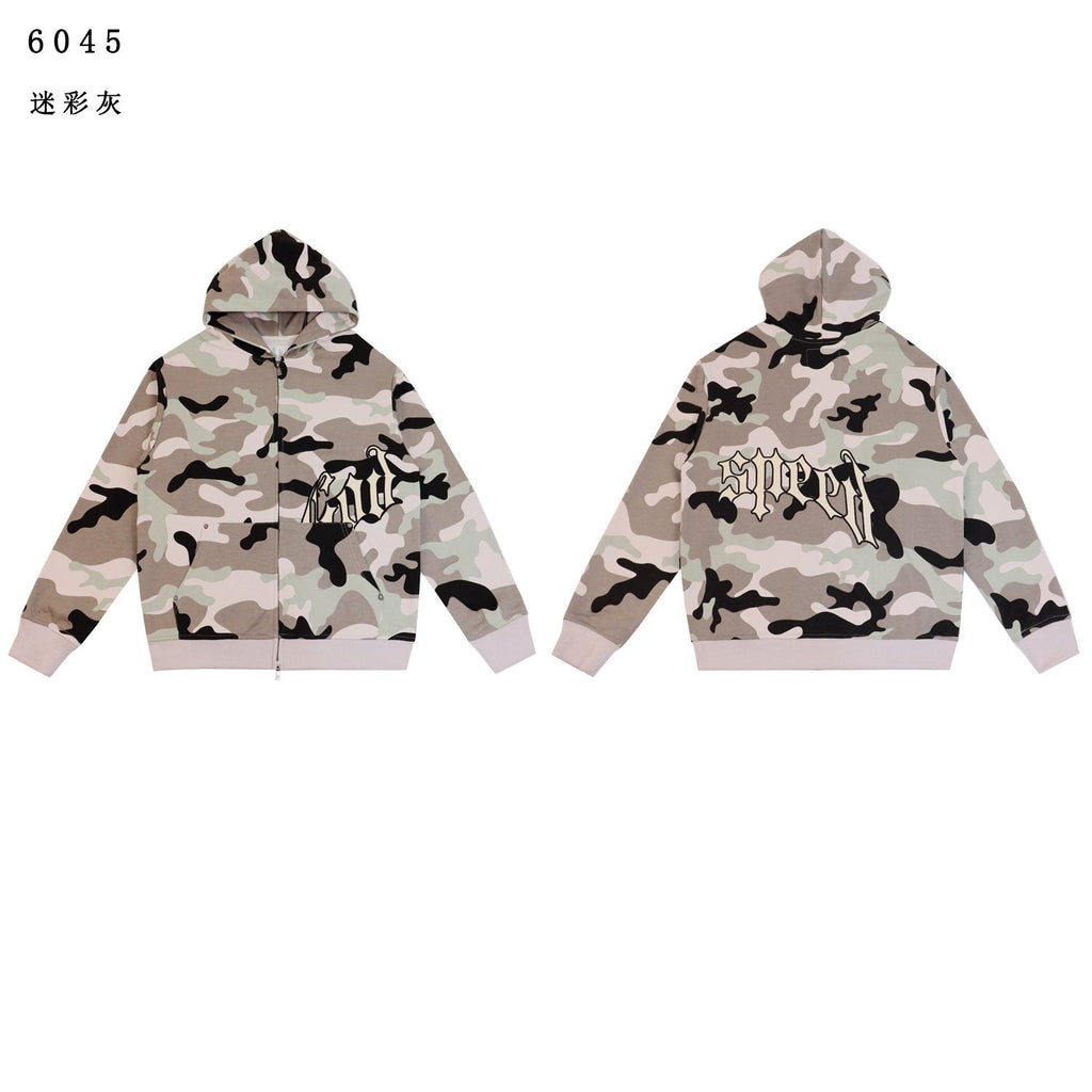 Godspeed Camouflage Gothic Letter Zip Hoodie — hero
