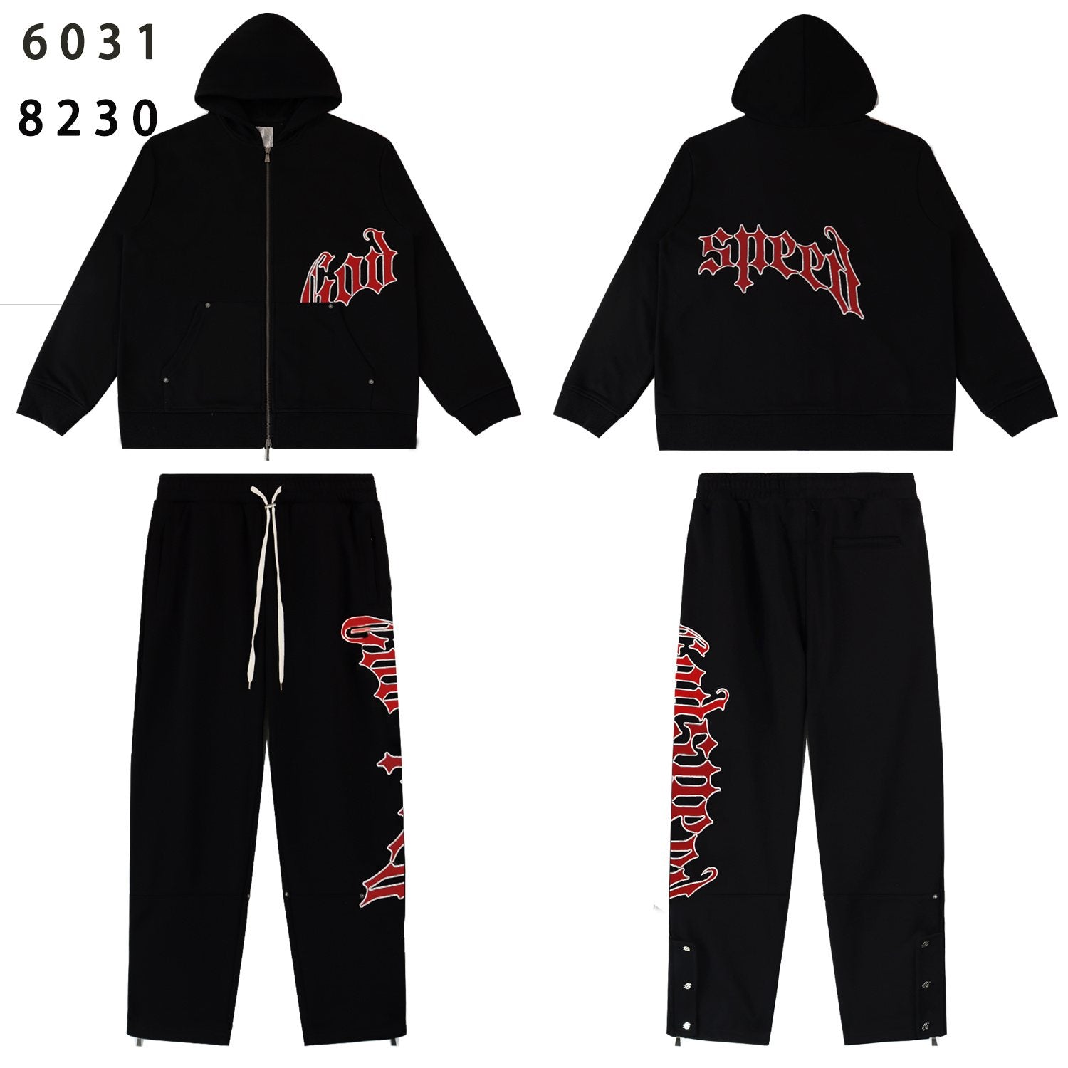 Godspeed Red Gothic Print Zip Hoodie Tracksuit Set — front