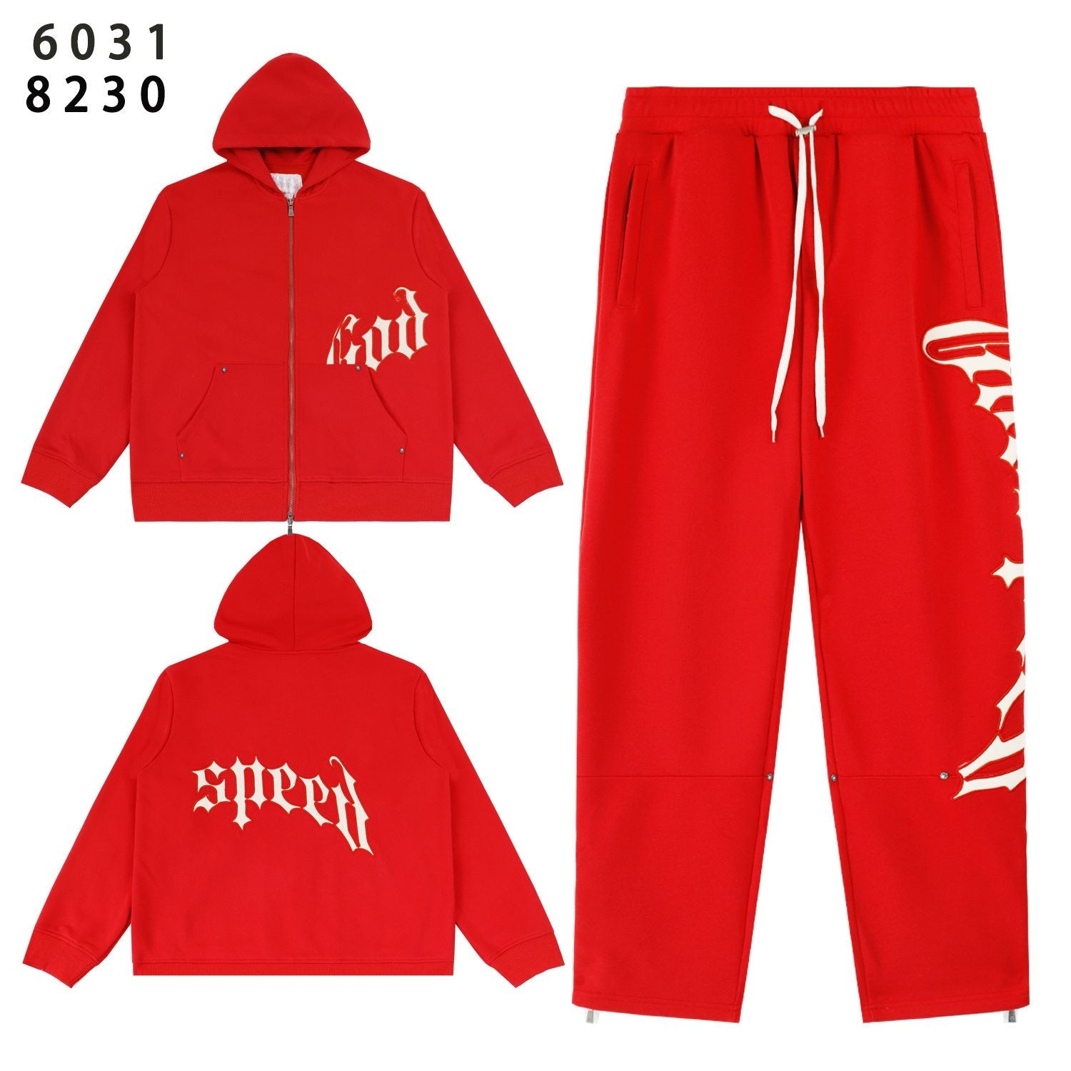 Godspeed Red Gothic Print Zip Hoodie Tracksuit Set — front