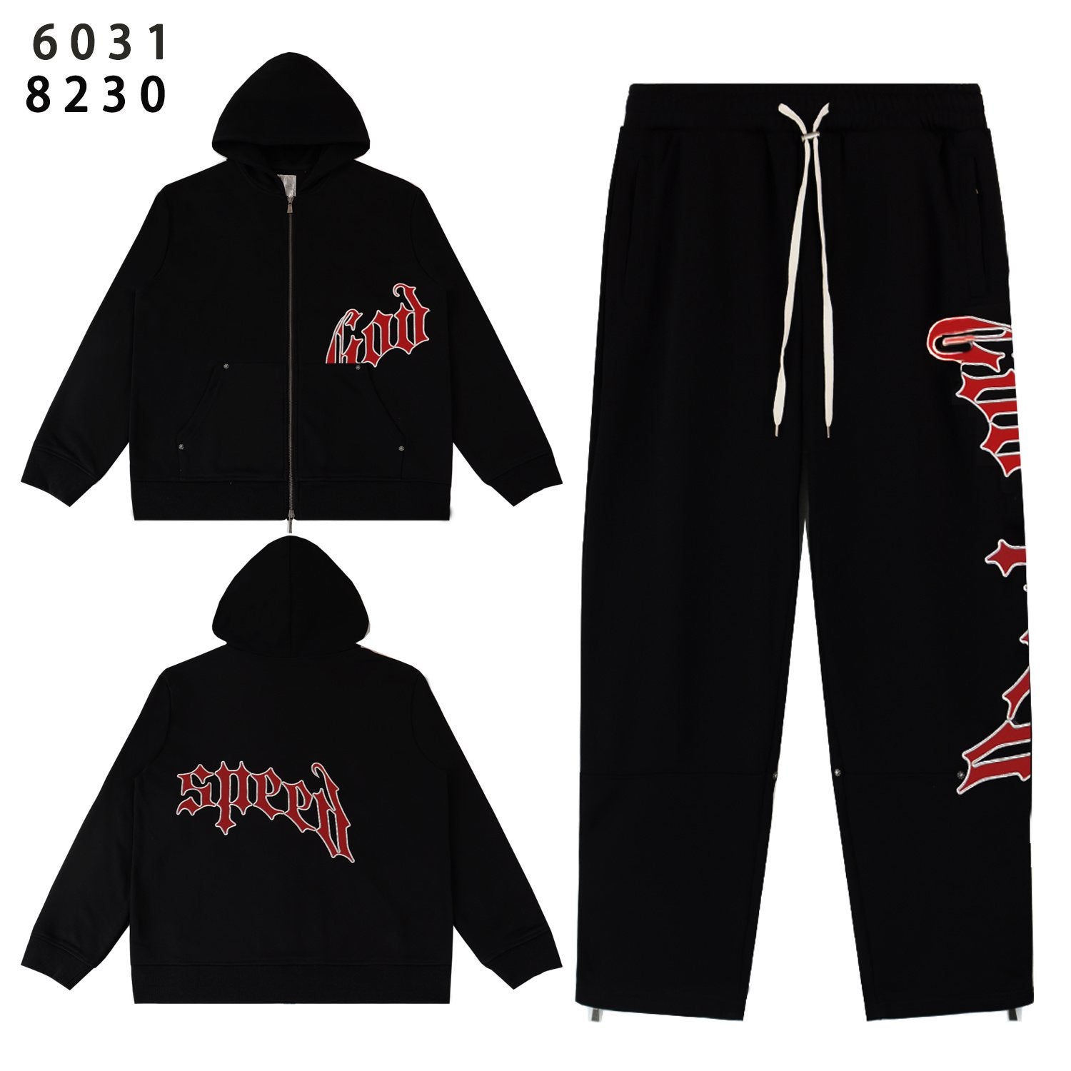 Godspeed Red Gothic Print Zip Hoodie Tracksuit Set — front