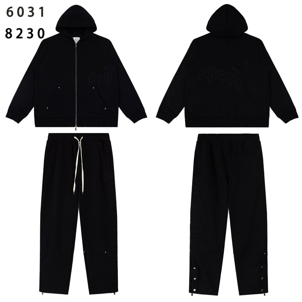 Godspeed Tonal Black Gothic Zip Hoodie Tracksuit Set — front
