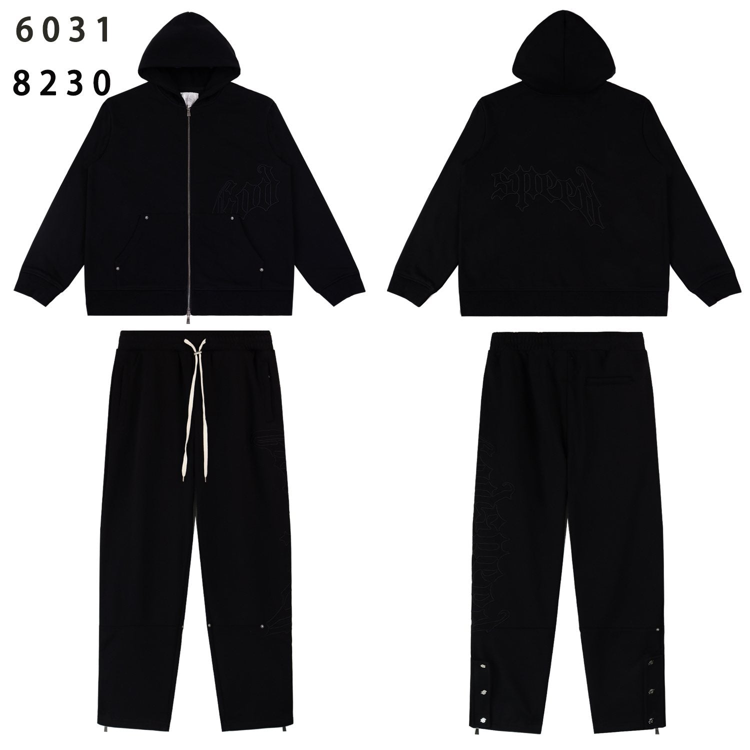 Godspeed Tonal Black Gothic Zip Hoodie Tracksuit Set — front