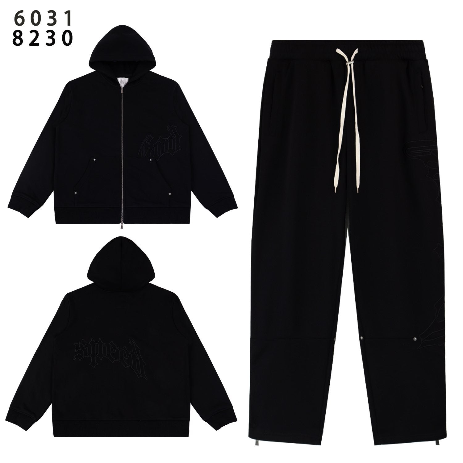 Godspeed Tonal Black Gothic Zip Hoodie Tracksuit Set — front