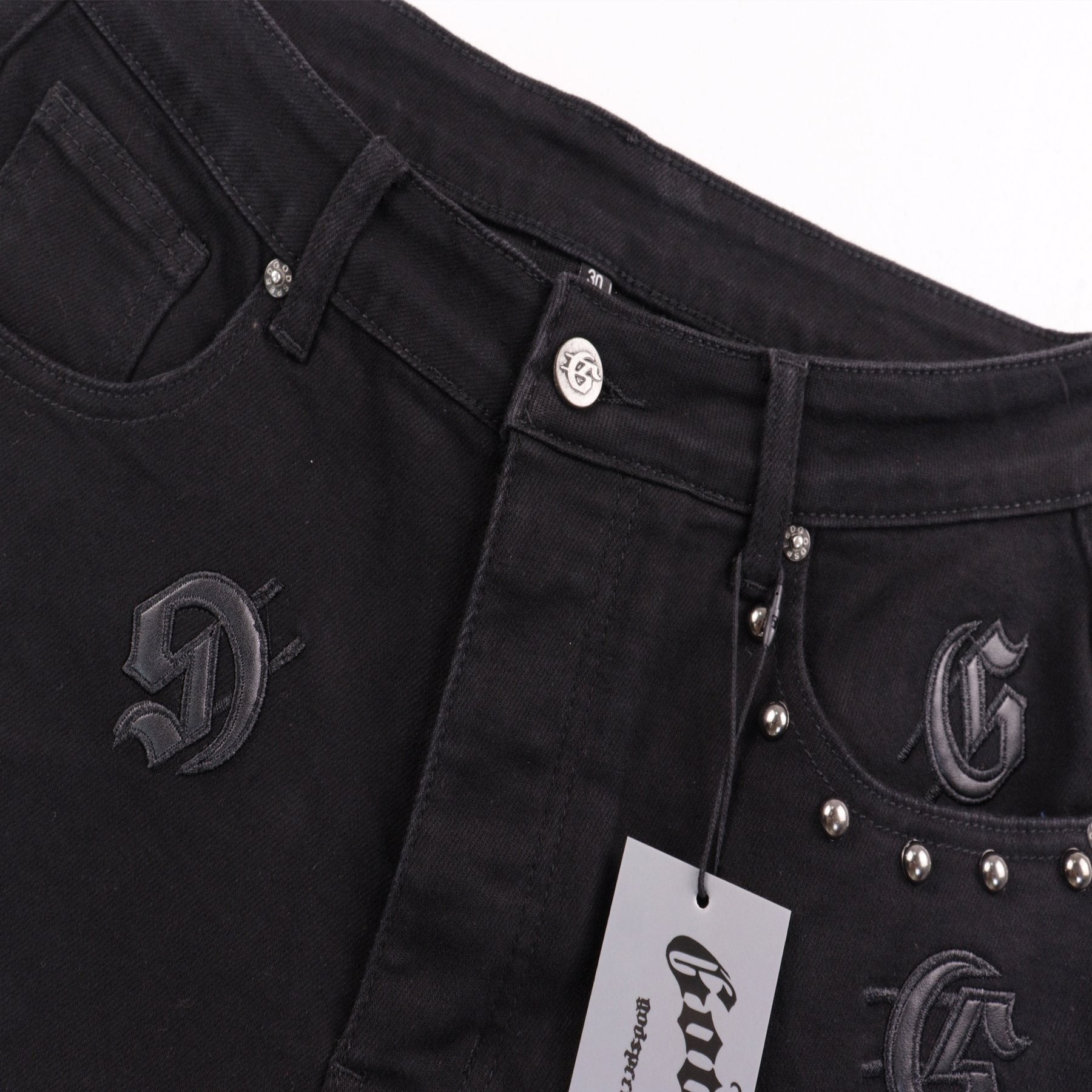 Godspeed Embroidered Denim Shorts — detail