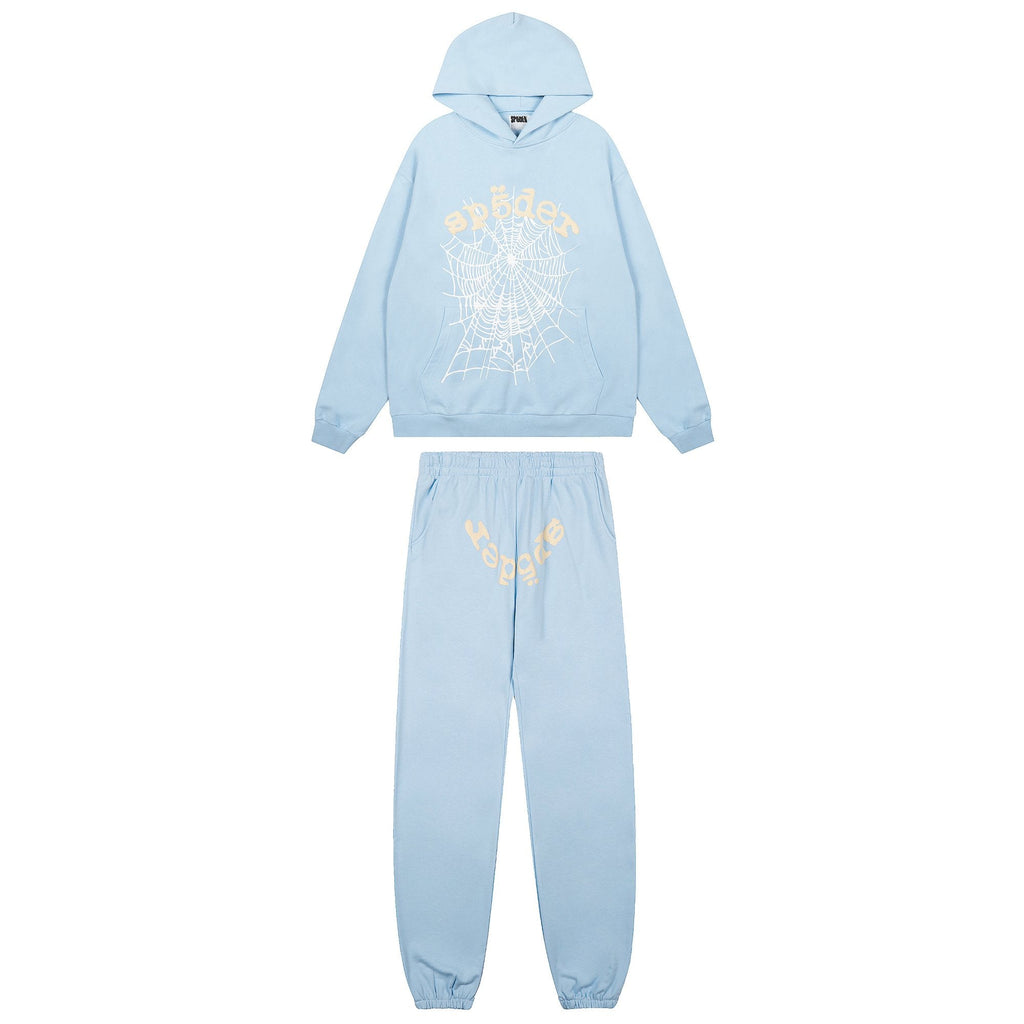 Sp5der Light Blue Graphic Hoodie & Sweatpants Matching Set — hero