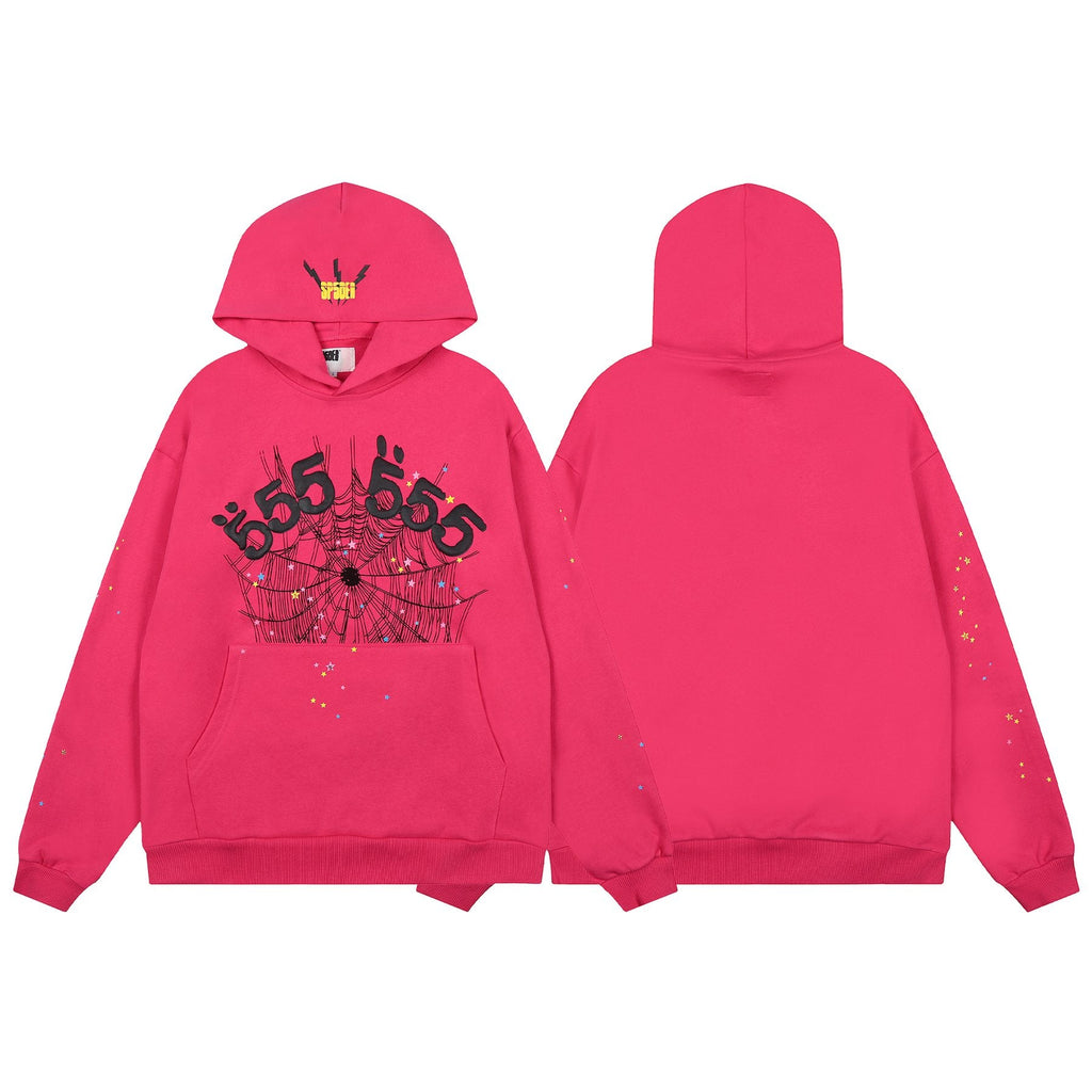 Sp5der Pink Spiderweb Graphic Hoodie & Sweatpants Matching Set — front