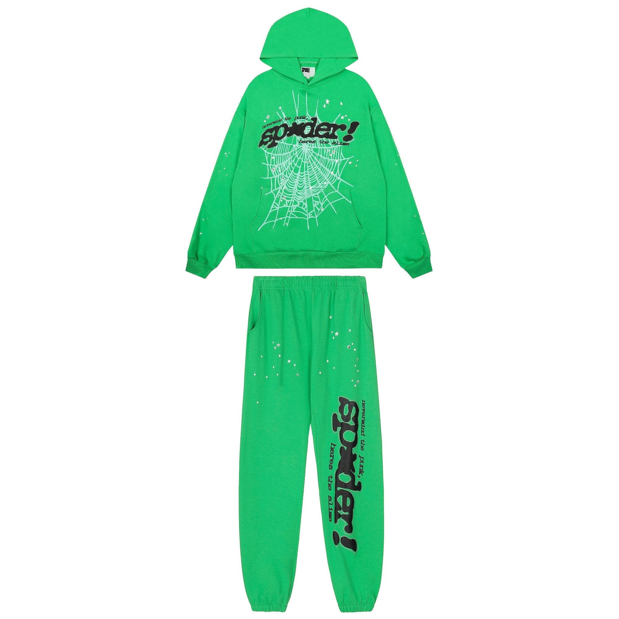 Sp5der Green Web Graphic Hoodie & Pants Matching Set — hero