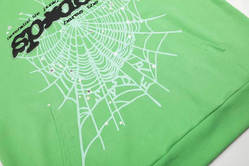 Sp5der Green Web Graphic Hoodie & Pants Matching Set — detail