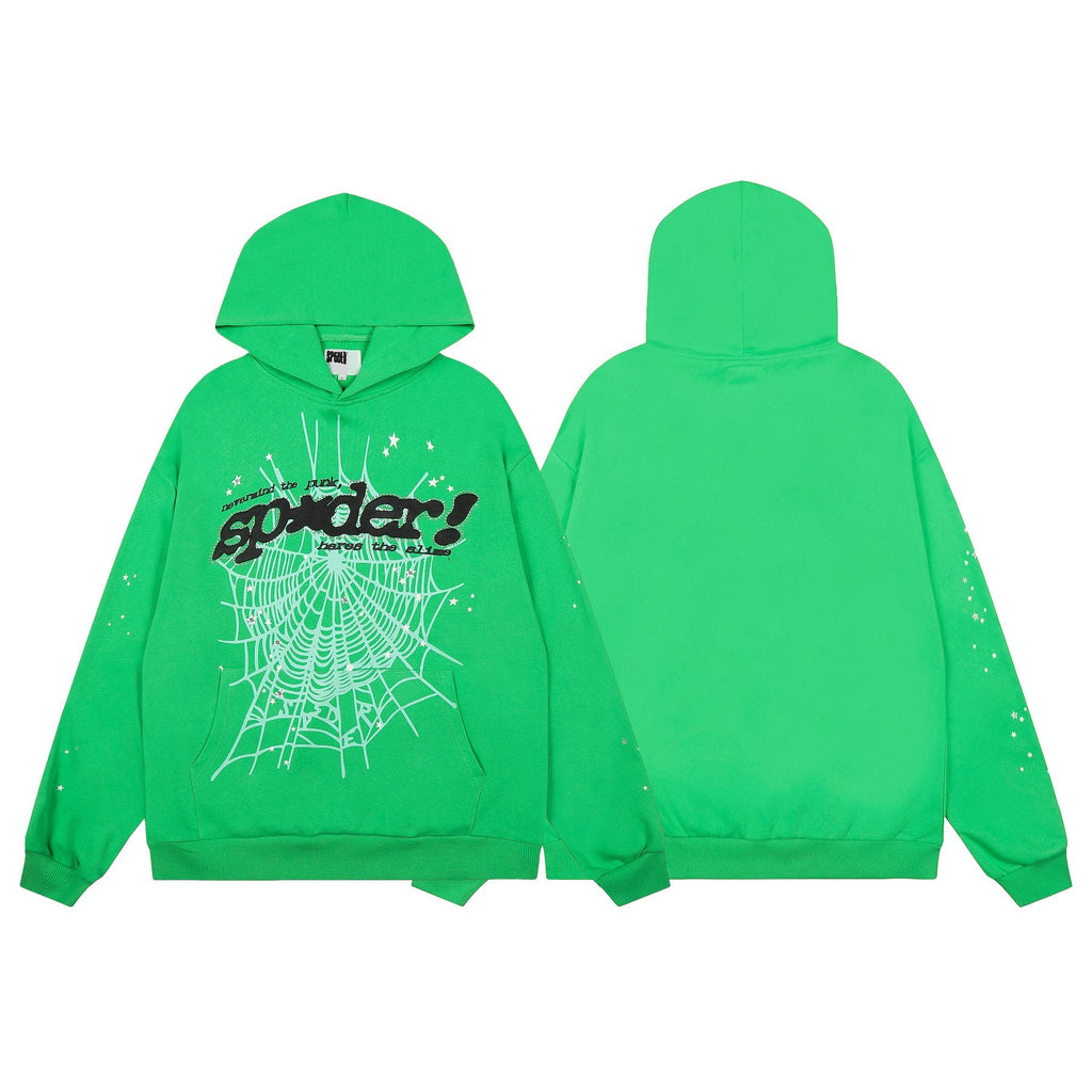 Sp5der Green Web Graphic Hoodie & Pants Matching Set — front