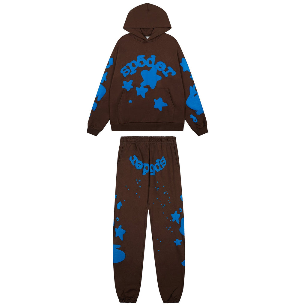 Sp5der Brown Blue Graphic Hoodie & Sweatpants Matching Set — hero