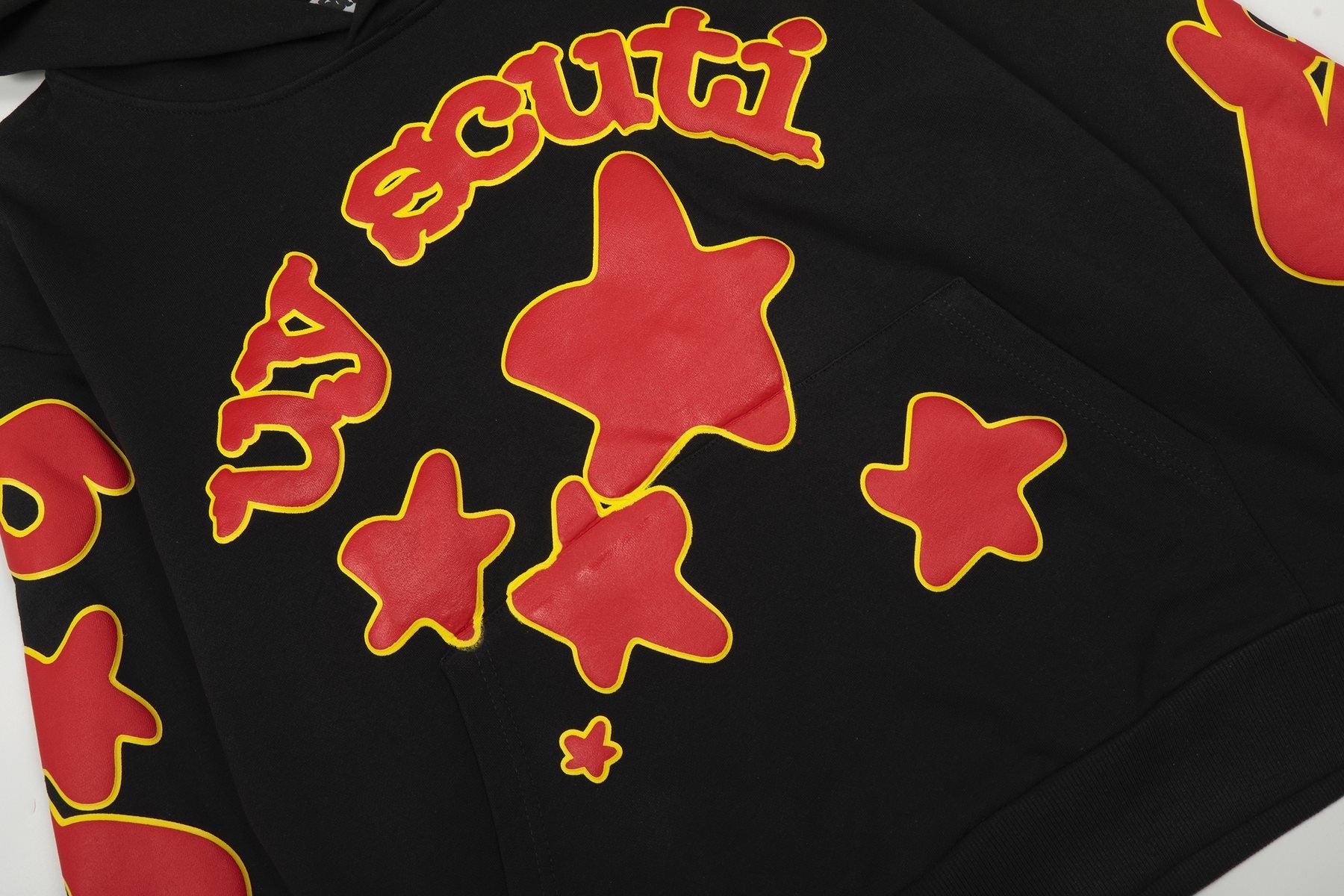 Sp5der Red & Yellow Graphic Hoodie — detail