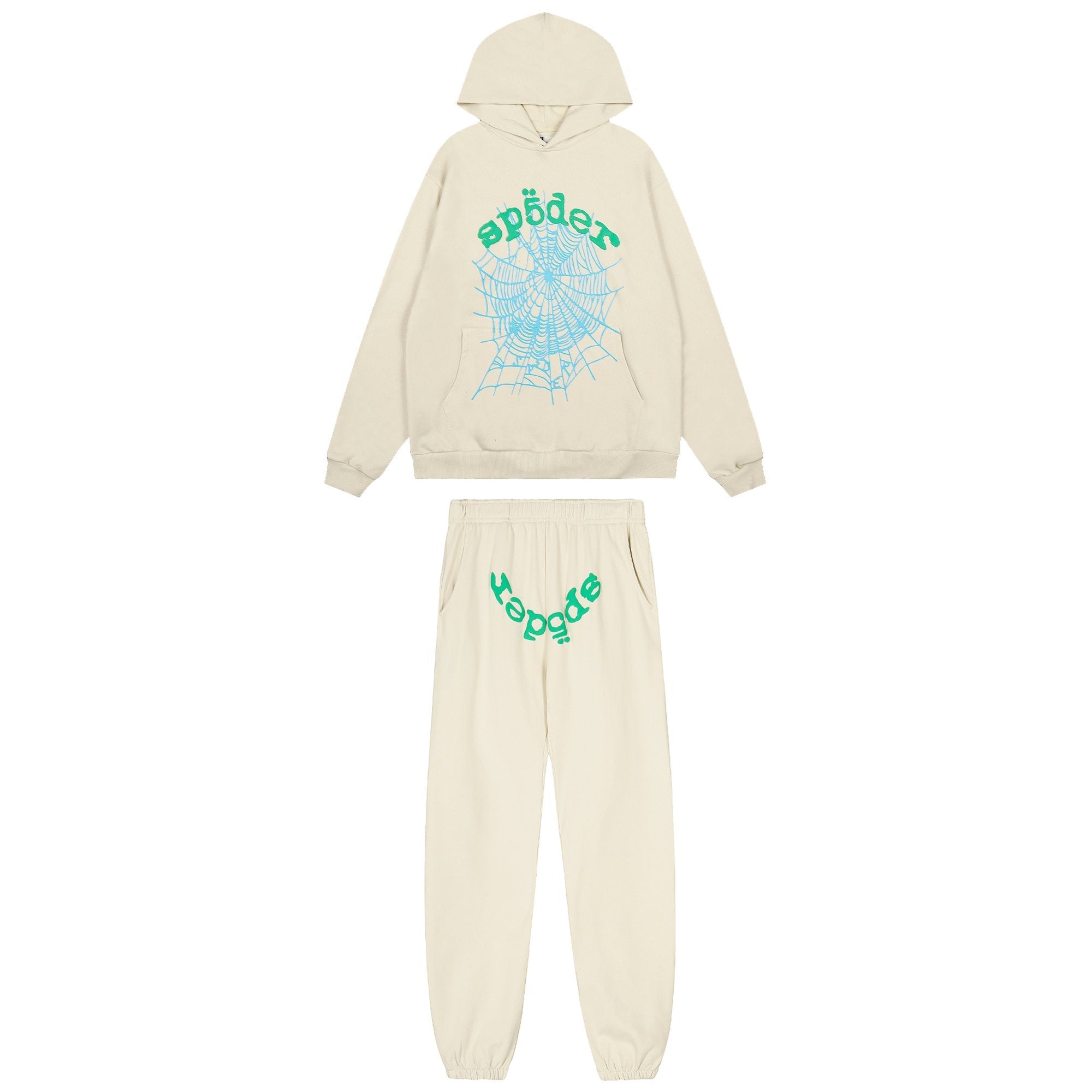 Sp5der Cream Graphic Hoodie & Sweatpants Matching Set — hero