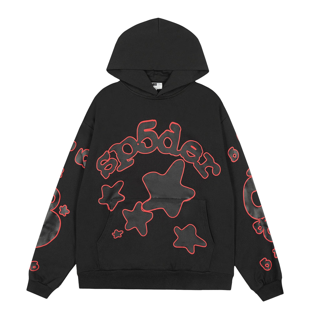 Sp5der Black Red Outline Star Graphic Hoodie — hero