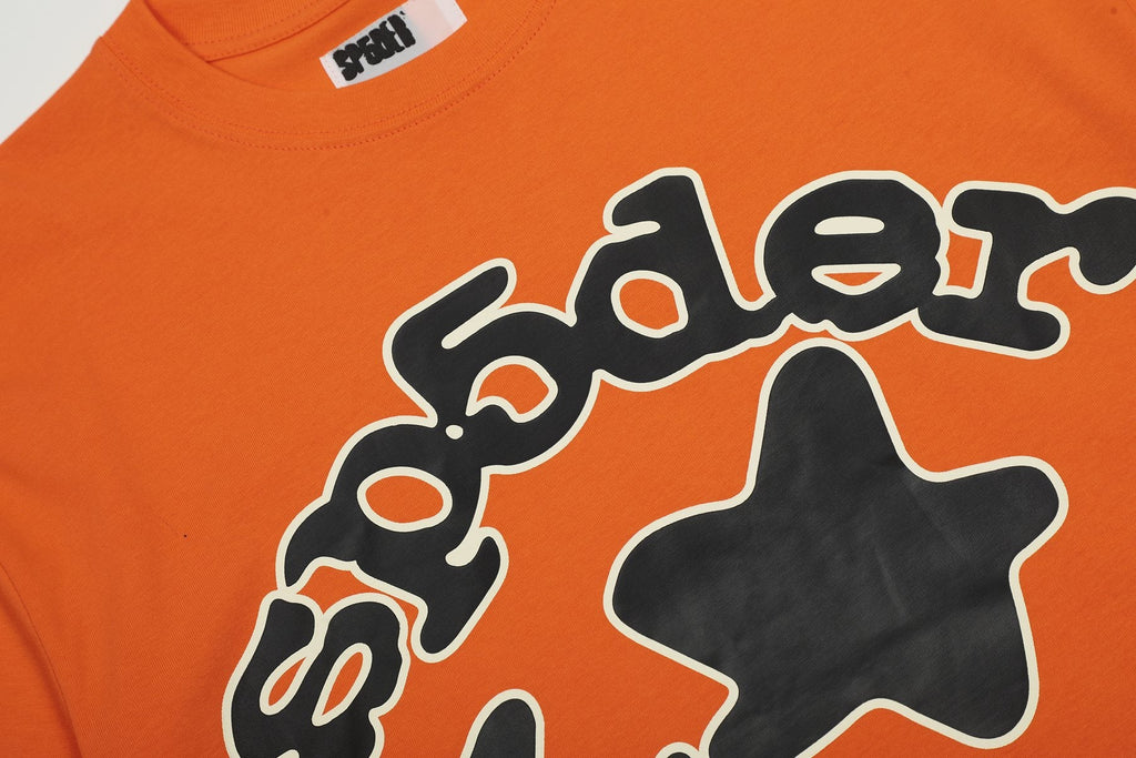 Sp5der Orange Star Graphic T-Shirt — detail