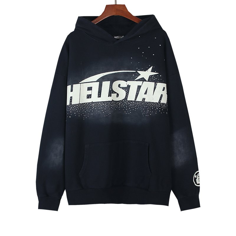 Hellstar Washed Black Rhinestone Face Flame Graphic Hoodie — front
