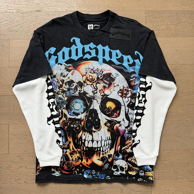 Godspeed Skull Floral Layered-Look Long-Sleeve T-Shirt — front