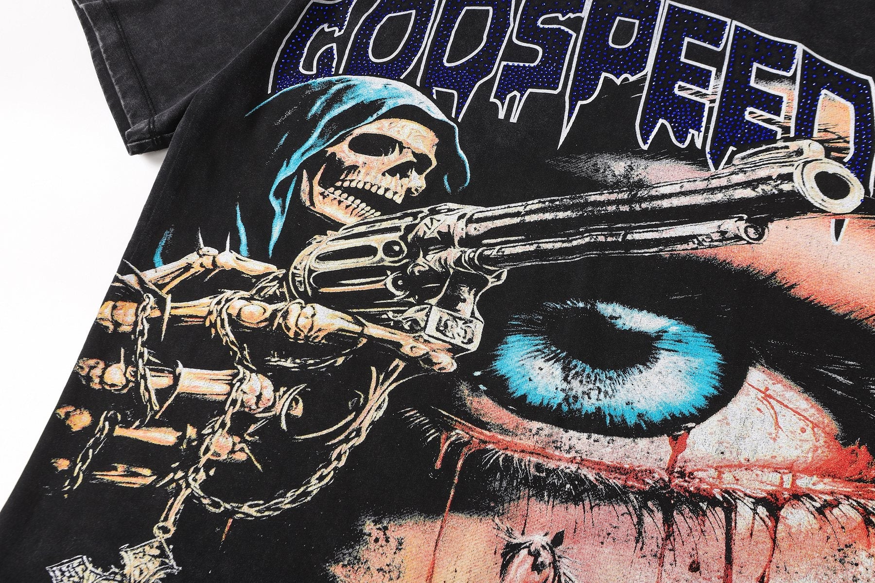 Godspeed Distressed Rhinestone Graphic T-Shirt — detail
