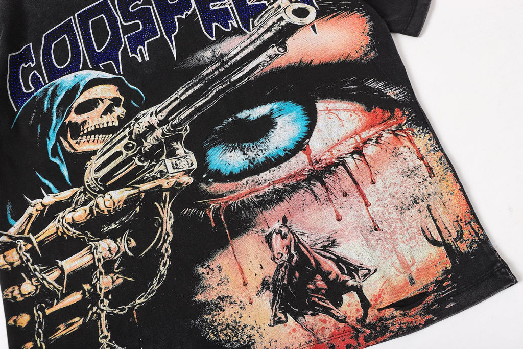 Godspeed Distressed Rhinestone Graphic T-Shirt — detail