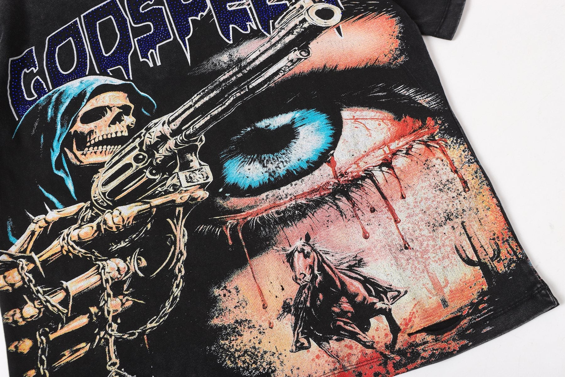 Godspeed Distressed Rhinestone Graphic T-Shirt — detail