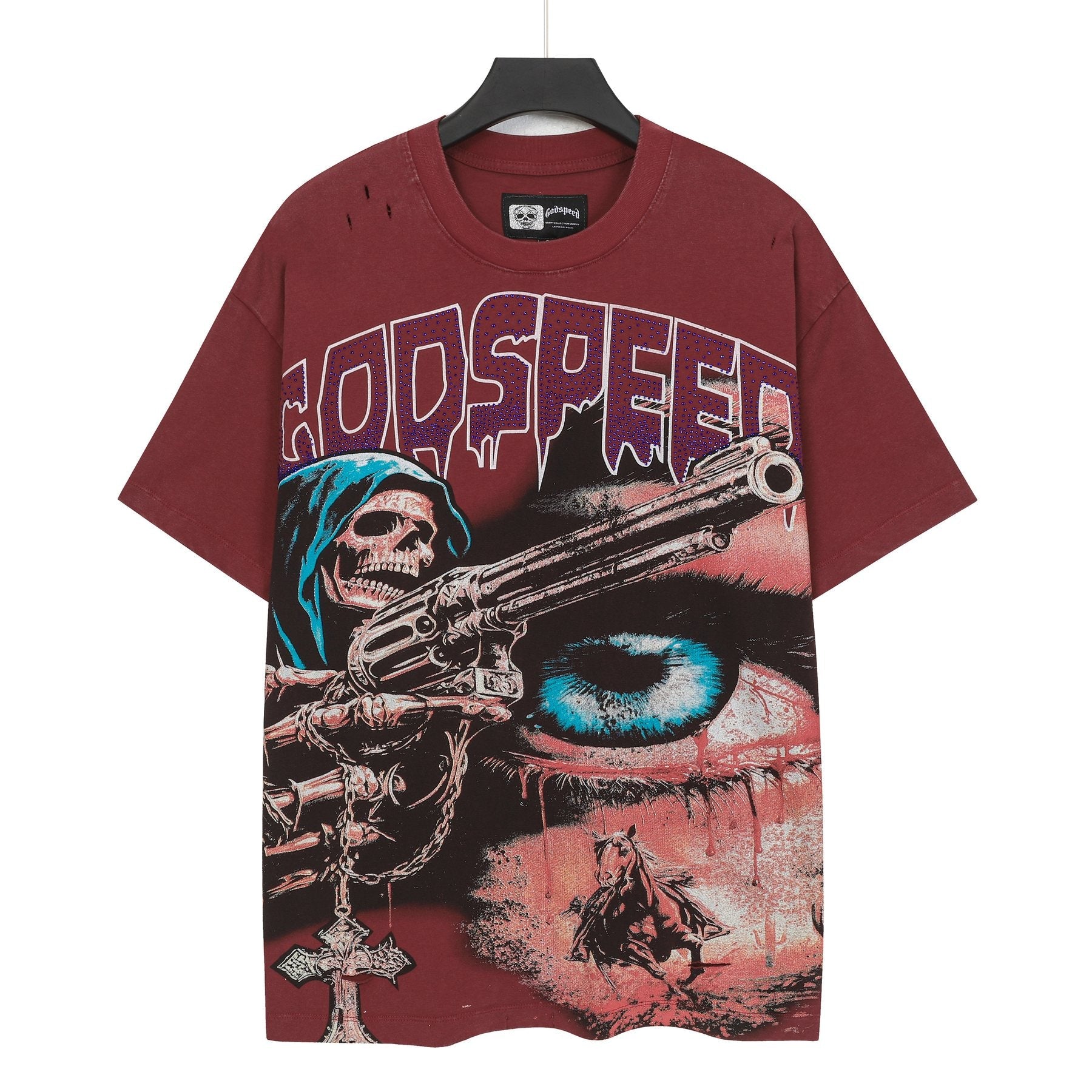 Godspeed Distressed Rhinestone Graphic T-Shirt — front
