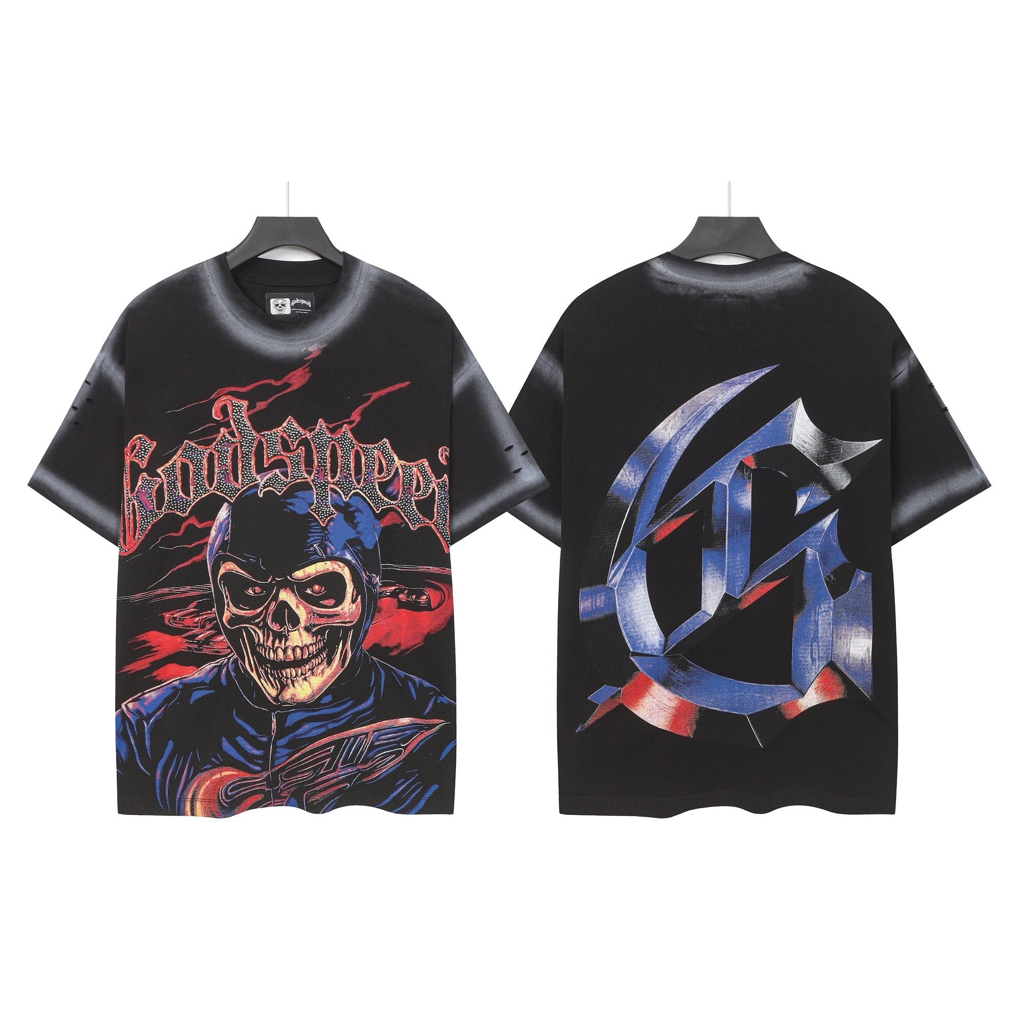 Godspeed Skull Graphic Distressed Sleeve T-Shirt — hero