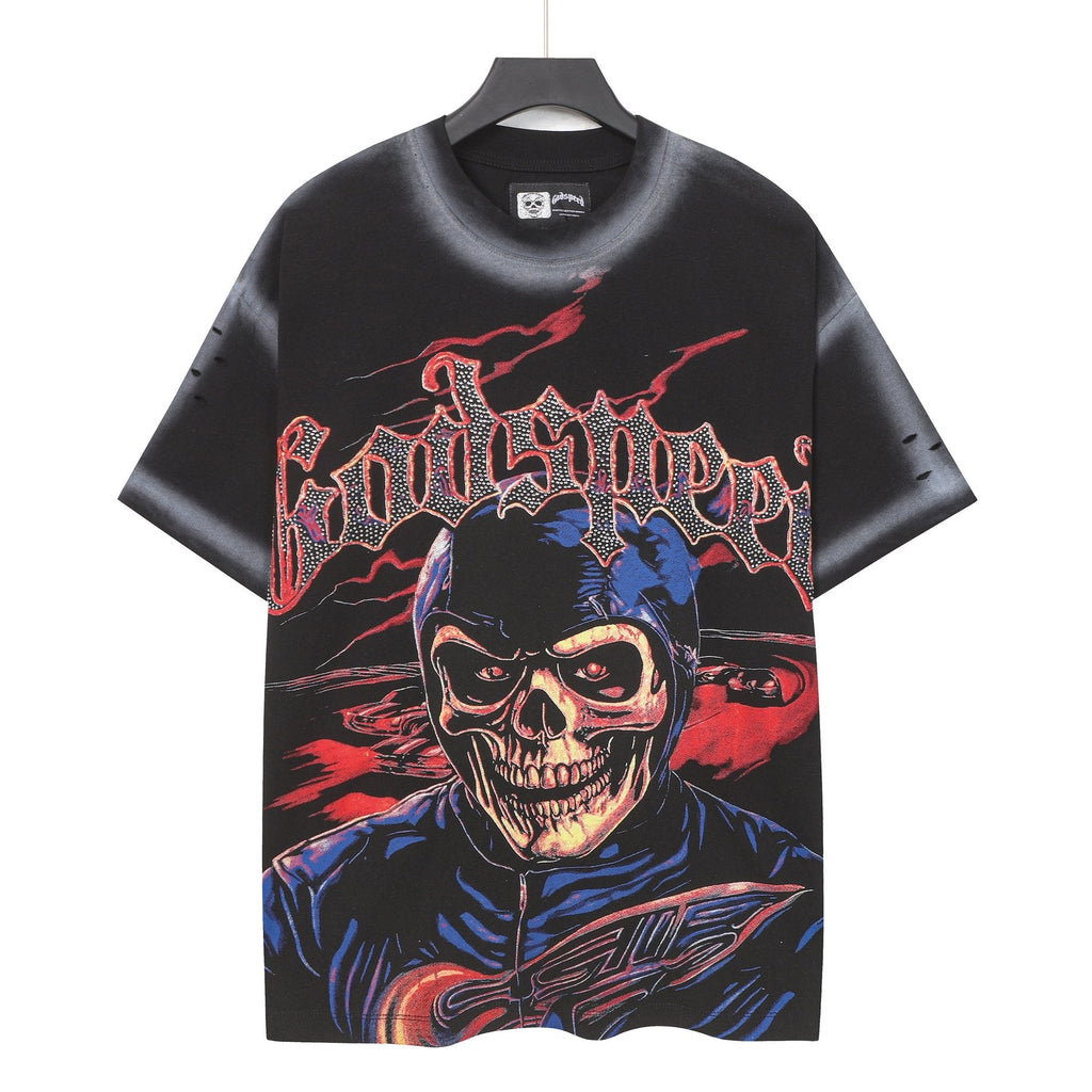 Godspeed Skull Graphic Distressed Sleeve T-Shirt — front