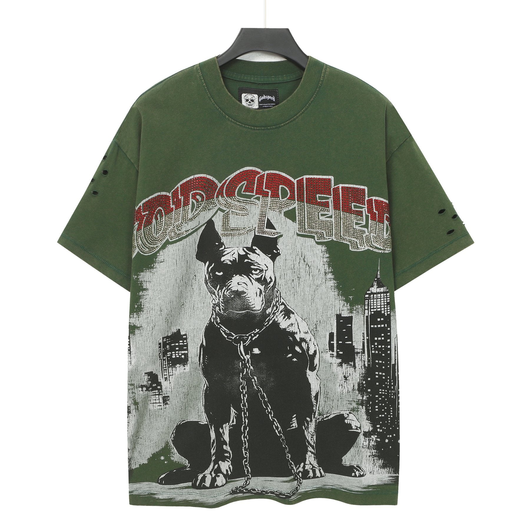 Godspeed Dog Graphic Distressed Sleeve T-Shirt — front