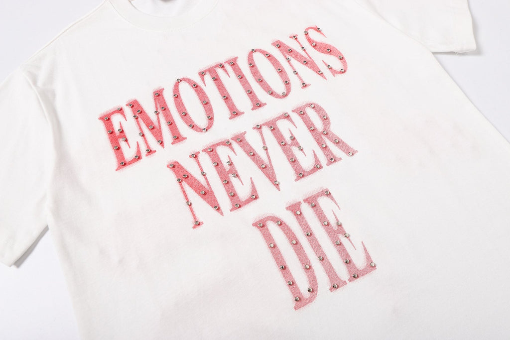 MIXED EMOTION Never Die Studded Graphic T-Shirt — detail
