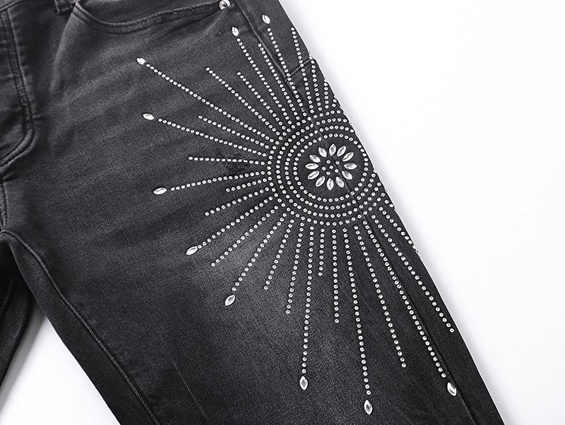 Purple Brand Rhinestone Sunburst Flare Jeans — detail