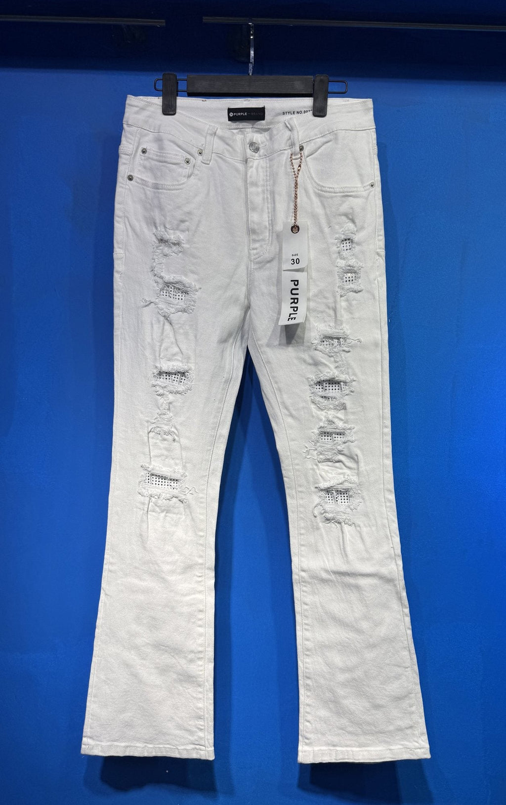 Purple Brand White Distressed Flared Jeans — hero