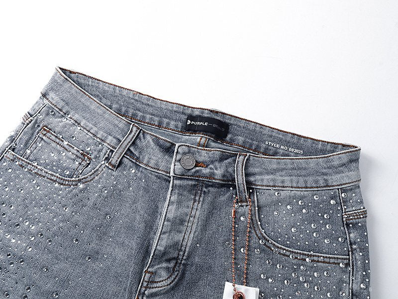 Purple Brand Rhinestone Light Wash Denim Shorts — detail