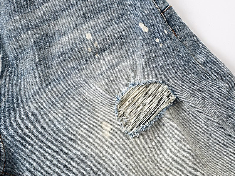 Purple Brand Light Blue Paint-Splatter Denim Shorts — detail
