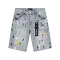 Purple Brand Light Blue Paint-Splatter Denim Shorts — hero