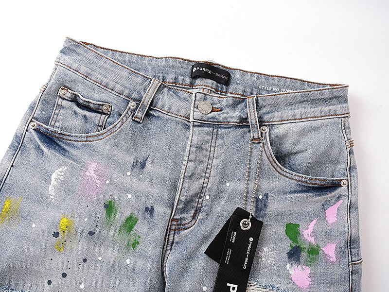 Purple Brand Light Blue Paint-Splatter Denim Shorts — detail