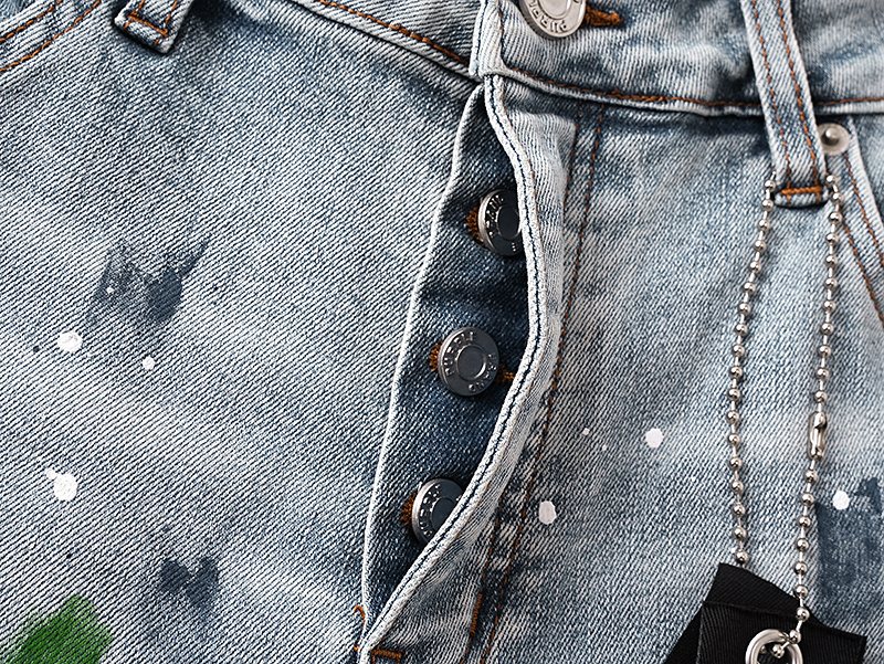 Purple Brand Light Blue Paint-Splatter Denim Shorts — detail