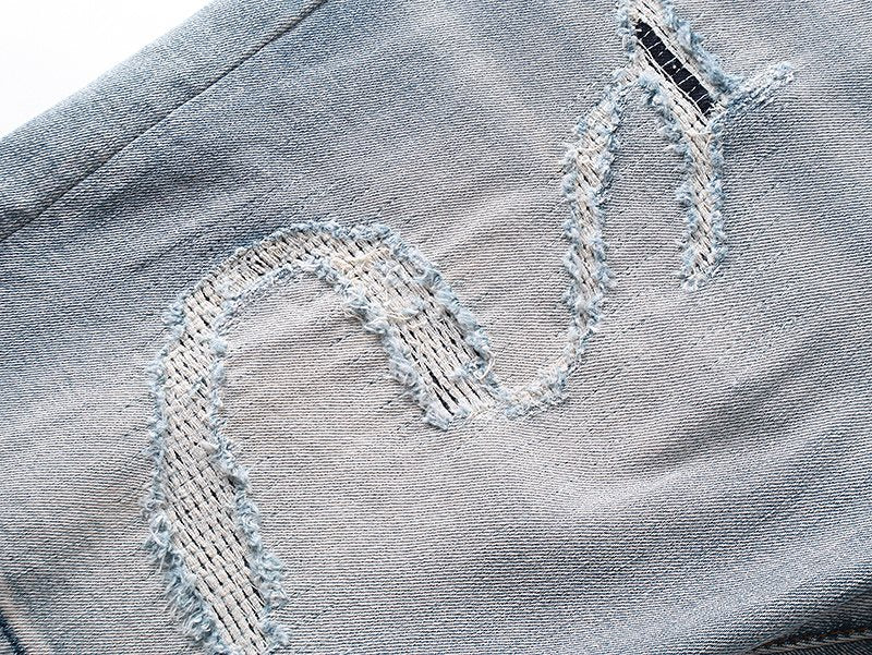 Purple Brand Light Blue Distressed Raw Hem Denim Shorts — detail