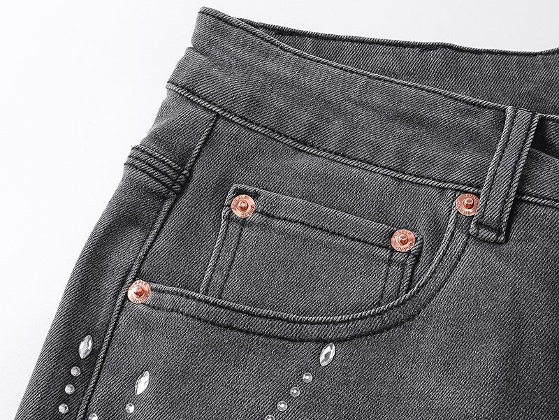 Purple Brand Rhinestone Burst Denim Shorts — detail