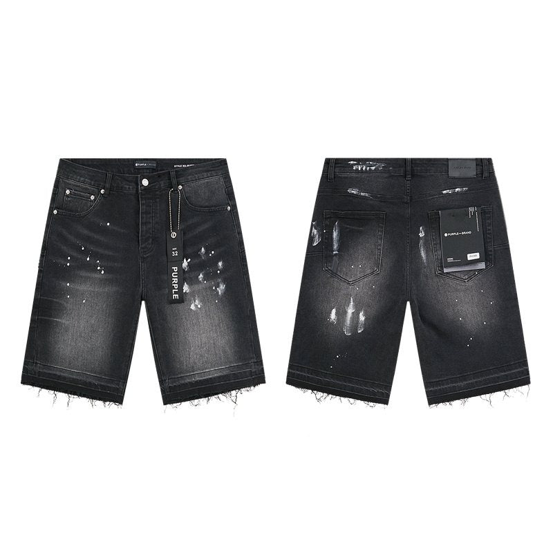 Purple Brand Black Paint-Splatter Distressed Denim Shorts — hero