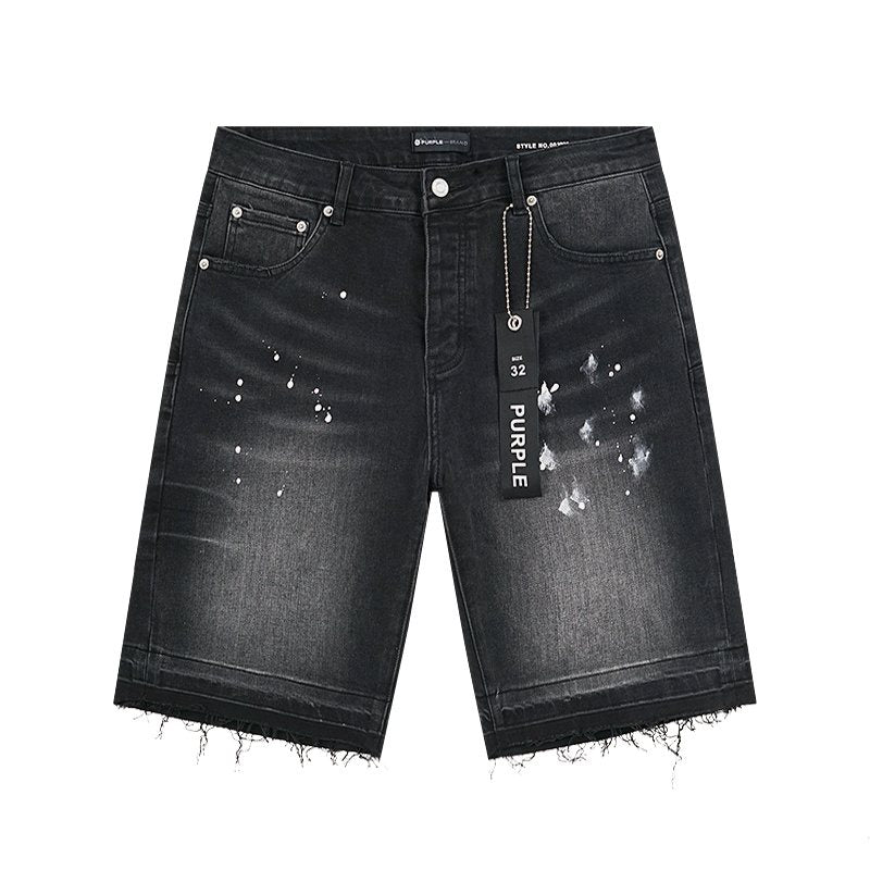 Purple Brand Black Paint-Splatter Distressed Denim Shorts — front