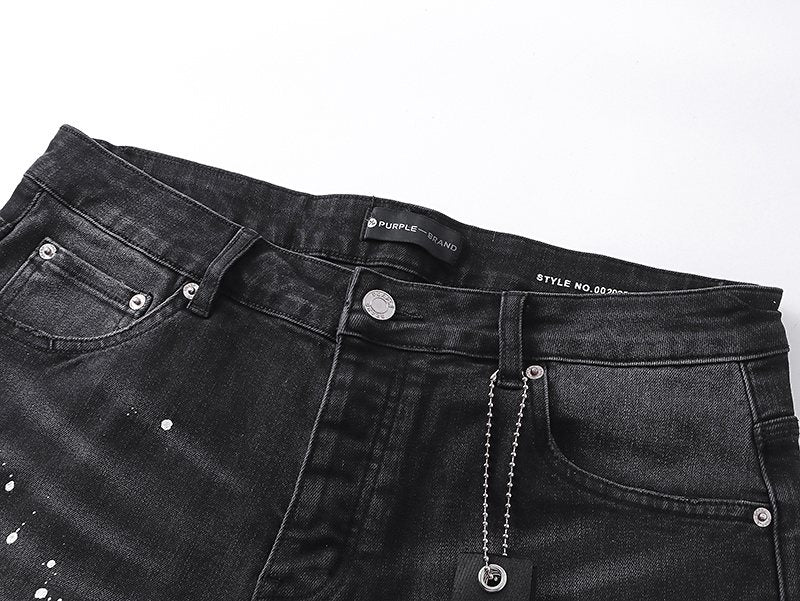 Purple Brand Black Paint-Splatter Distressed Denim Shorts — detail