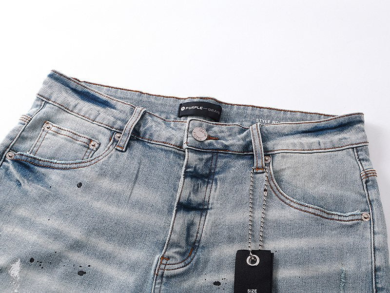 Purple Brand Light Blue Distressed Denim Shorts — detail
