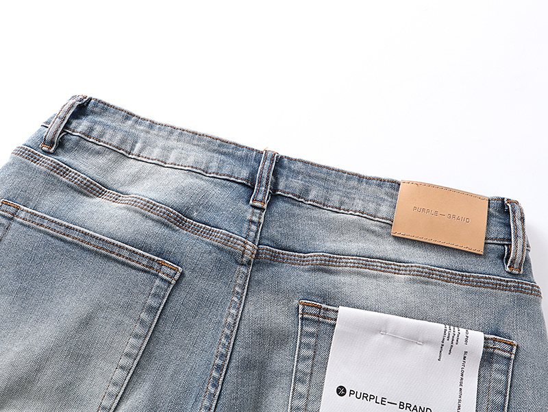 Purple Brand Light Blue Raw Hem Graphic Denim Shorts — detail