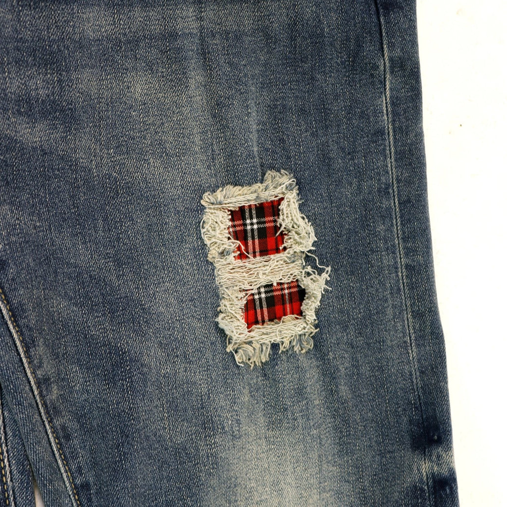 Purple Brand P001 Washed Blue Distressed Patch Jeans — detail