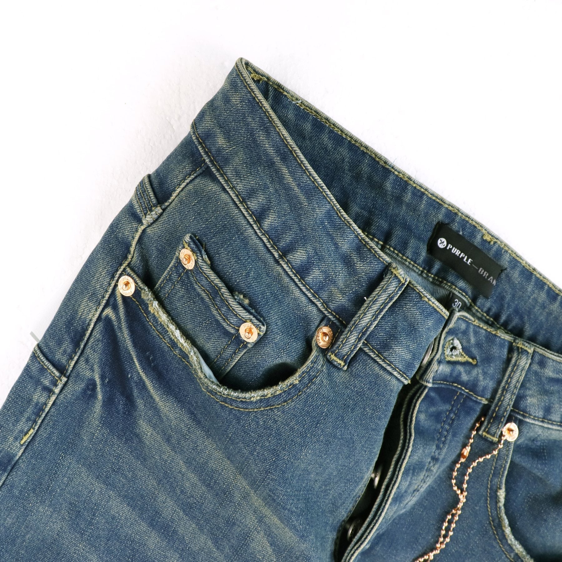 Purple Brand Blue Distressed Paint Splatter Jeans — detail