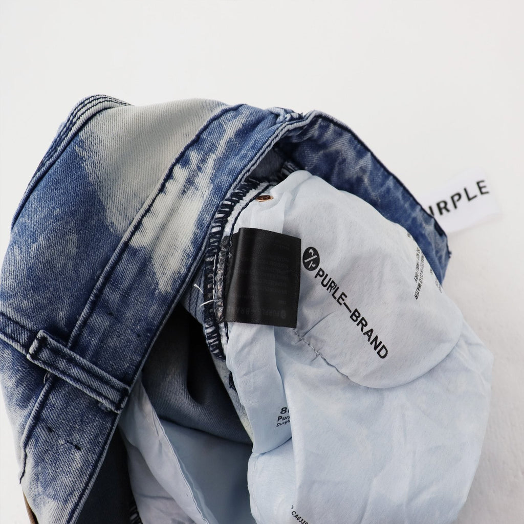 Purple Brand Light Blue Acid-Wash Denim Shorts — neck_label