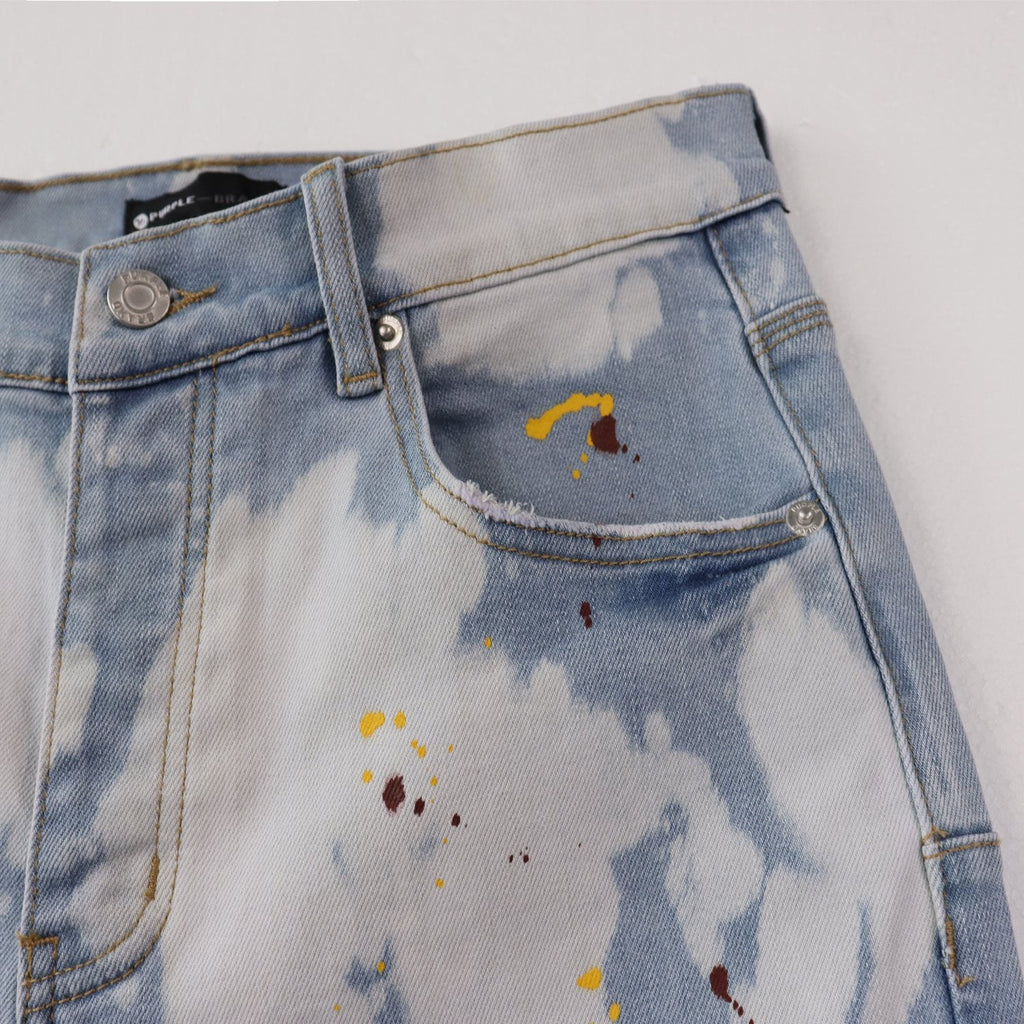 Purple Brand Light Blue Bleached Paint Splatter Skinny Jeans — detail