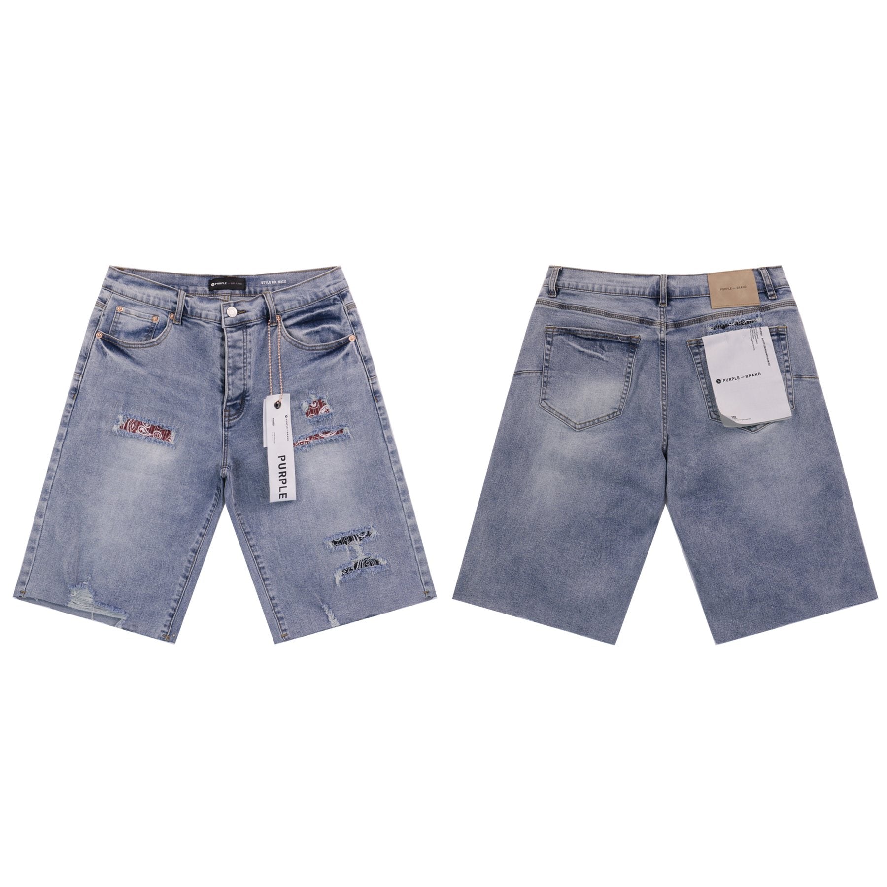 Purple Brand Distressed Patch Denim Shorts — comparison