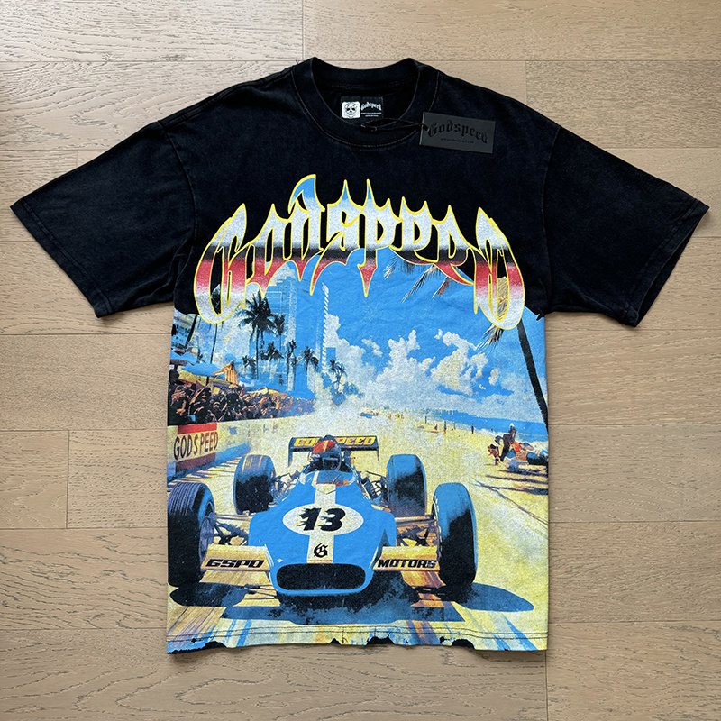 Godspeed Washed Black Racing Graphic T-Shirt — front