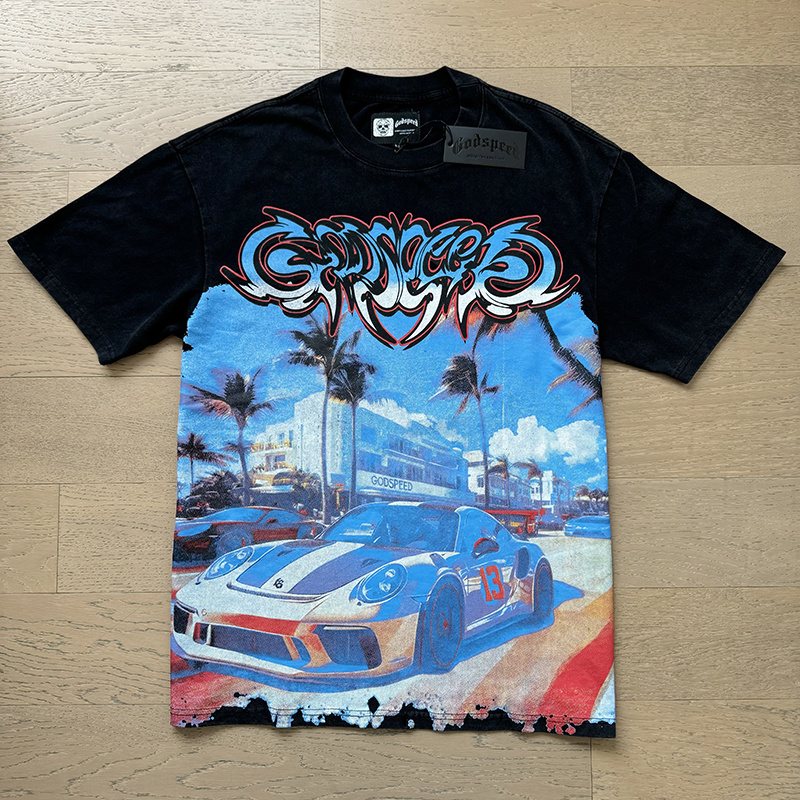Godspeed Washed Black Car & Eye Sun Graphic T-Shirt — front