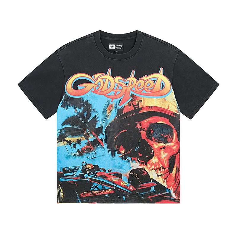 Godspeed Washed Black Skull Racing Graphic T-Shirt — hero